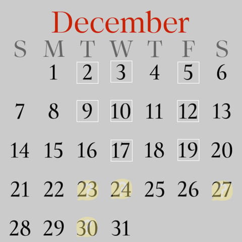 【12月の予定】
2日 22時～ 天六
3日 21時～ 新大阪
5日 21時～ 天六
9日 21時〜 天六
10日 21
