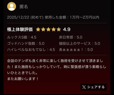 この前来てくれた方が帰るときに｢口コミ書いとくね！！！！｣って言ってくれて有言実行ありがとうですっ🥲♡