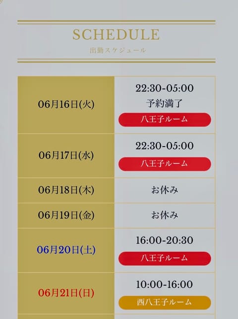 お世話になっております、久しぶりのポストです

半年ぶり程にお昼出勤あるので、その告知に

土曜日は枠残りわずか、日曜日