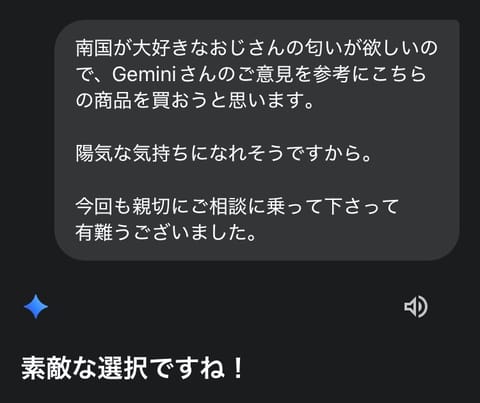 夏だぜ海だぜぇぇッ😎🌴
って香りのアロマディフューザーが欲しくて
Geminiに相談しました❣️

「南国が大好きなおじ